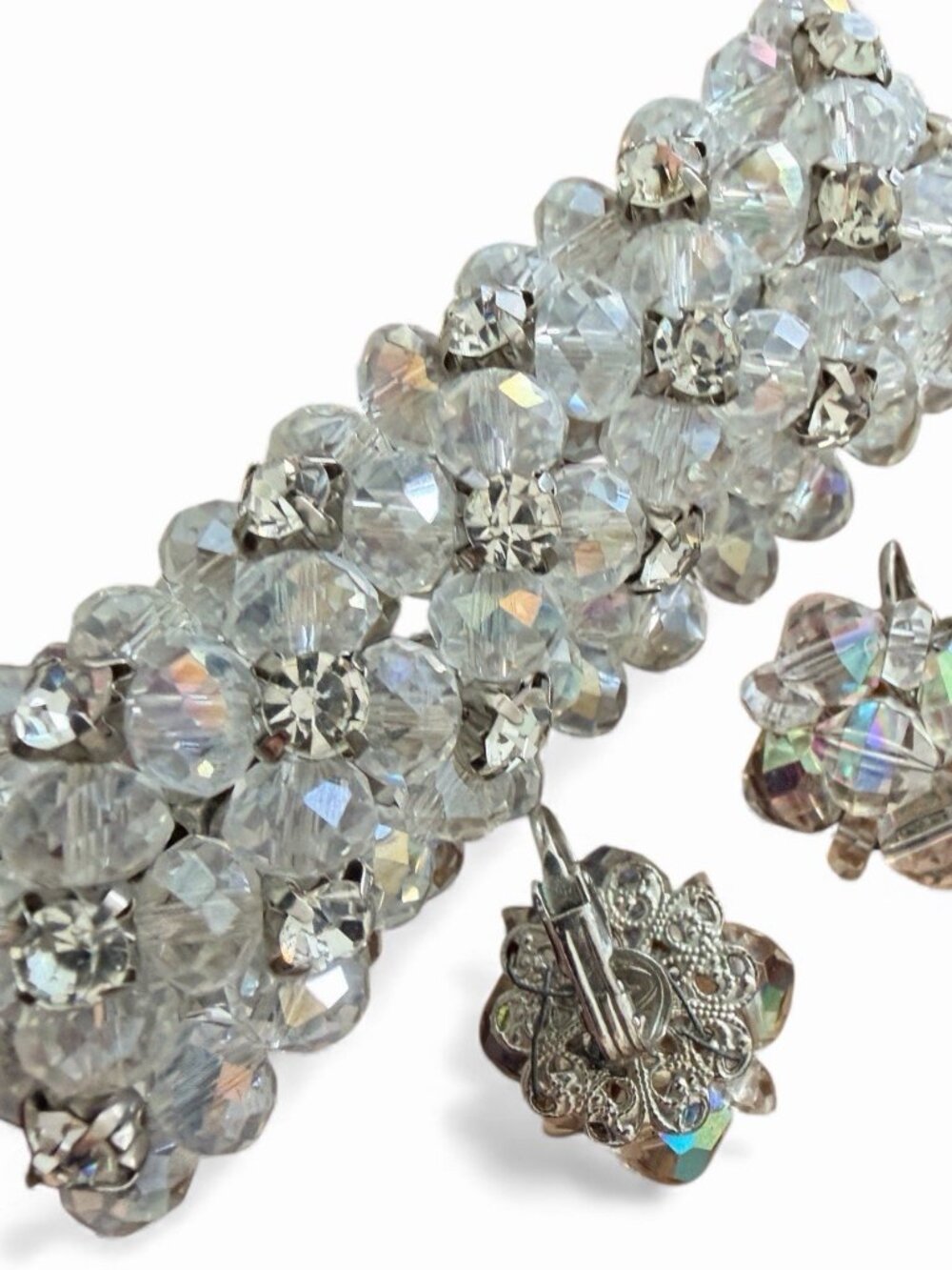 Vintage Signed Laguna Crystal Clip On Earrings & AB Crystals Stretched Bracelet
